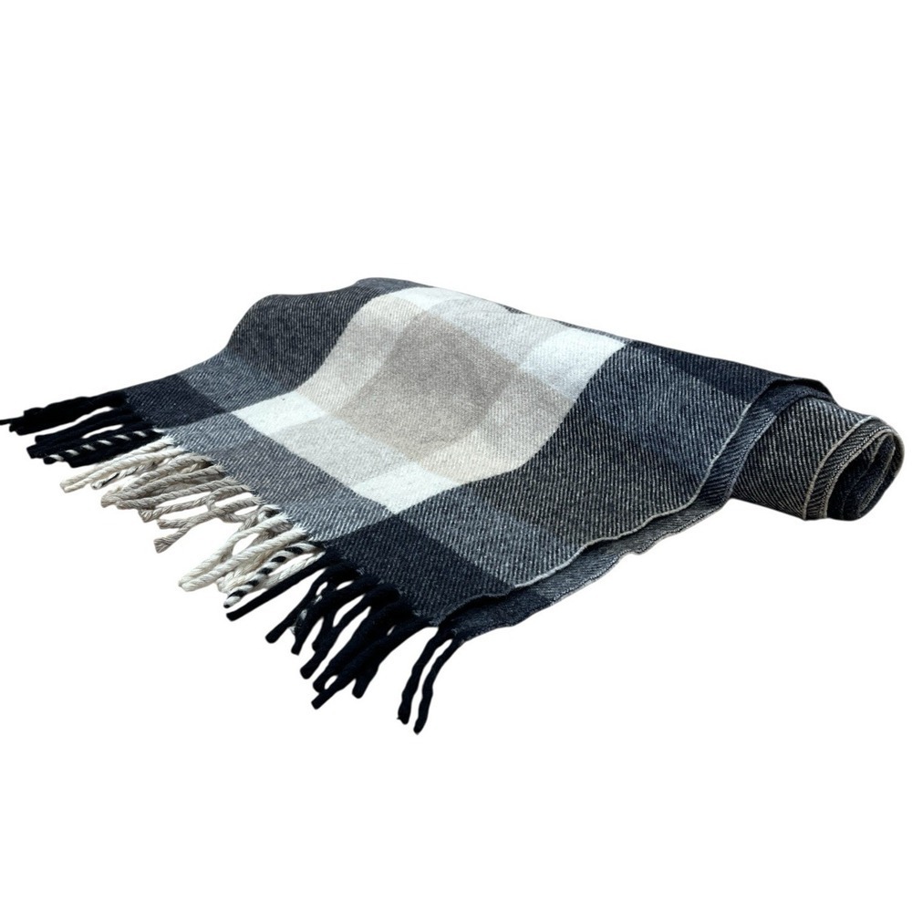 Amicale 100% Cashmere Rectangular Scarf 48x12 Gray Brown Plaid Fringe Soft Warm